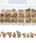 Premium Copper Zerk Grease Nipple Fitting Assortment Kit With 165 Pieces Of Durable Precision Machined Parts For Hydraulic Machinery And Auto Repairs To Keep Your Rig Running Smooth. 165-piece copper grease nipple kit in clear organizer box