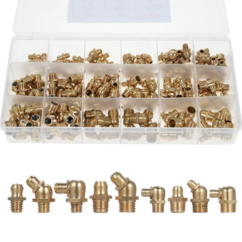 Premium Copper Zerk Grease Nipple Fitting Assortment Kit With 165 Pieces Of Durable Precision Machined Parts For Hydraulic Machinery And Auto Repairs To Keep Your Rig Running Smooth. 165-piece copper grease nipple kit in clear organizer box