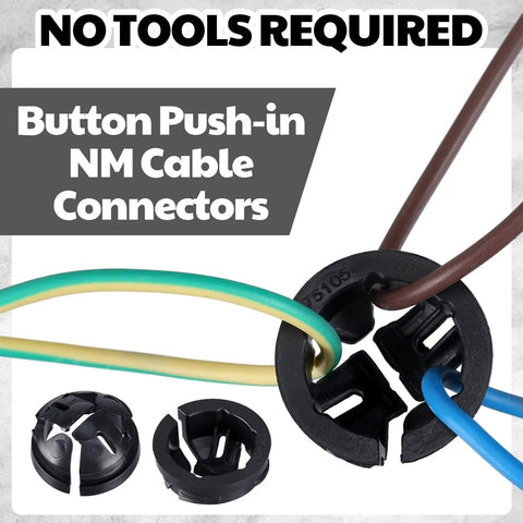 100 Pack Three Eighth Inch Button Connectors For Non Metallic NM Cable Push In Quick Install Fits One Half Inch Knockouts Black Plastic Electrical Junction Box Wire Bushings Snap In Conduit Fittings, shown with cables