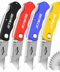 Jetmore 4-pack folding utility knives with extra blades; black, red, blue, yellow handles, box cutter with clip.