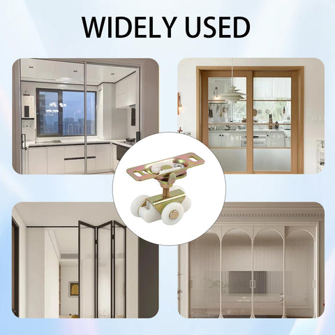Swap Out Those Dragging Doors Today With Heavy Duty Sliding Door Rollers, Gold 3/4 Inch Pocket Door Wheels Replacement Kit For Rv And Closet Bypass Doors, 2 Piece Quick Fix showcased in various applications.