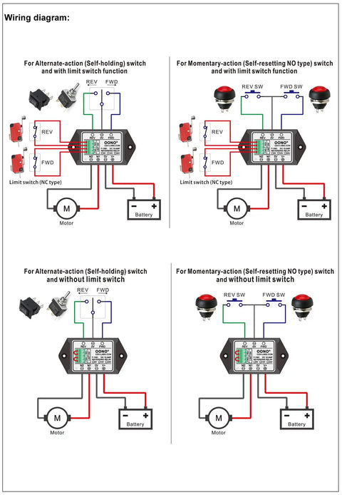 Wiring diagram for 12V Reversing Relay Module For Motors And Linear Actuators, 10 Amp Capacity With Limit Switch Support