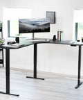 VIVO Electric L Shaped Standing Desk Frame With Height Adjustment For Corner Corner Corner Setup showing dual motors and black steel.