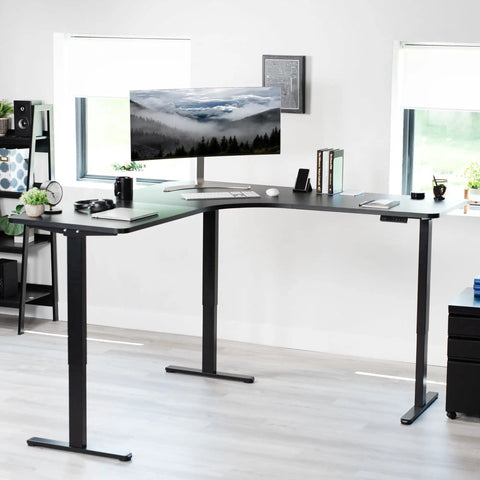 VIVO Electric L Shaped Standing Desk Frame With Height Adjustment For Corner Corner Corner Setup showing dual motors and black steel.