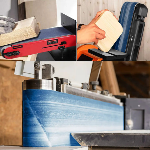Close-up of Heavy Duty Pro Grade 4 X 36 Inch Belt Sander Belts set with zirconia metal sandpaper on sander in woodworking.