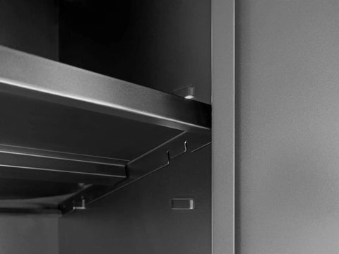 Close-up detail of shelf brackets in the Complete 7 Piece Badass Steel Garage Storage Set With Locking Rolling Tool Chest.