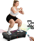 Woman exercising on Vibration Plate Fitness Platform For Full Body Workout, Home Shaker Board with remote and resistance bands.
