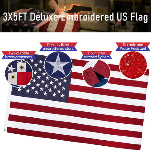 3x5 ft embroidered US flag included in All In One 5 Foot Flag Pole Kit For Outdoor Home Use With American Flag And Solar Light