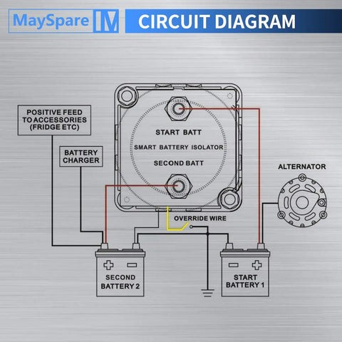 Circuit diagram for Heavy Duty Workhorse 12V 140A Voltage Sensitive Relay For Dual Battery Systems With Auto Trigger Switch.