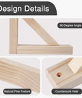 Close-up of 90-degree angle design details of 4 Pack Wall Mount Wood Shelf Brackets Triangle Design For Plank Sconce Or Plug In Pendant Lamp Decorative DIY Wood Bracket With Mounting Screws 10 Inch Sturdy Pine Construction, showing natural pine texture and countersunk hole.