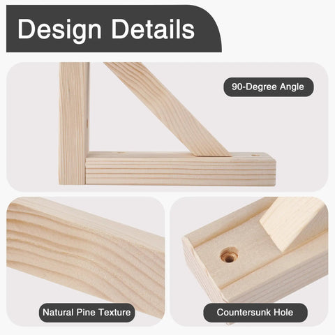 Close-up of 90-degree angle design details of 4 Pack Wall Mount Wood Shelf Brackets Triangle Design For Plank Sconce Or Plug In Pendant Lamp Decorative DIY Wood Bracket With Mounting Screws 10 Inch Sturdy Pine Construction, showing natural pine texture and countersunk hole.