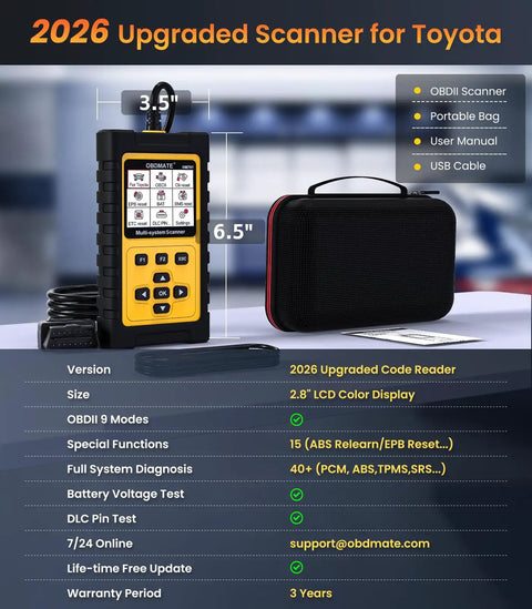 Om701 All Systems OBD2 Scanner All-In-One For Toyota, Lexus, Scion with accessories and carrying case, dimensions shown