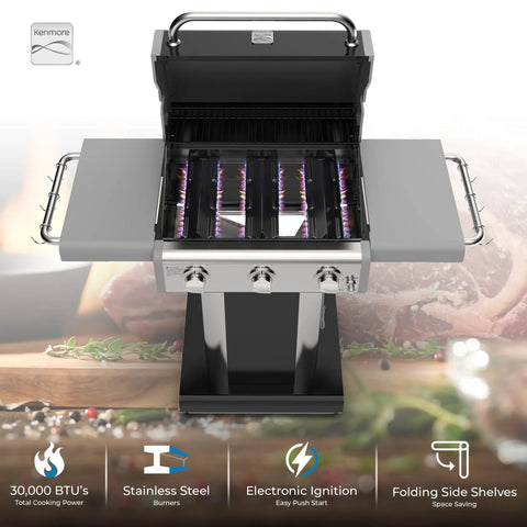 Three Burner Propane Gas Grill With 30000 BTUs Cast Iron Grates 512 Square Inches Of Total Cooking Surface Including 381 Primary And 131 Warming Rack Folding Side Tables Wheels And Tool Hooks Outdoor Black, showing open grill with burners and side tables.