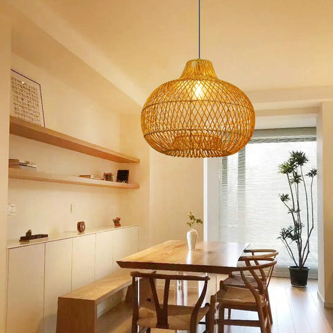 Boho Wicker Pendant Light For Kitchen Island And Dining Table, Round Rattan Ceiling Fixture, 40cm By 35cm hanging over table