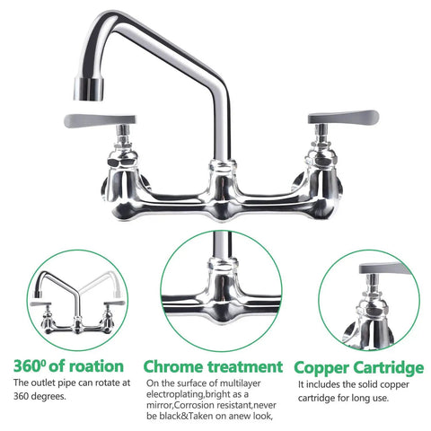 Commercial 8 Inch Center Wall Mount Kitchen Faucet With 12 Inch Swivel Spout And Two Handles, shown with chrome finish, copper cartridges, and 360-degree rotation.
