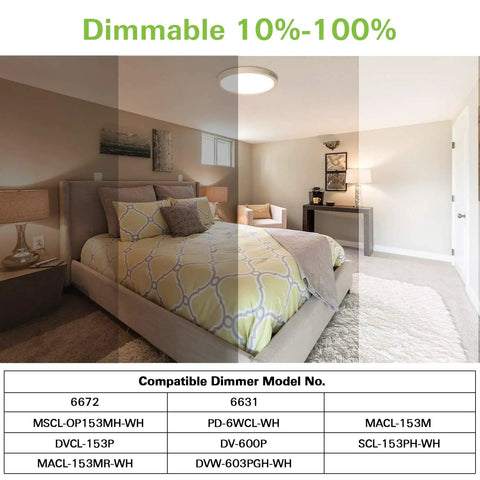 Hella Bright 13 Inch LED Flush Mount Ceiling Light With Night Light in a bedroom displaying dimmable settings
