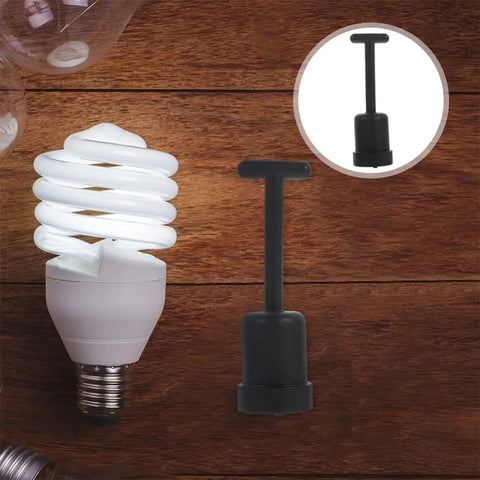Straight Up Reliable G9 Socket Ring Wrench Kit With Sturdy Plastic T Shaped Handle For No Sweat Lamp Shade Adjustments And Quick Ceiling Fixture Repairs with black T handle next to a spiral bulb.