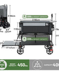 Diagram showing 400L Large Capacity Folding Wagon With Brakes, 54 Inch Extender, Double Decker Cart, with dimensions and weight capacity.