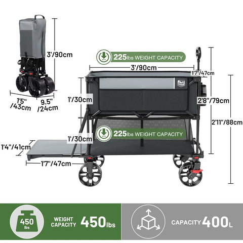 Diagram showing 400L Large Capacity Folding Wagon With Brakes, 54 Inch Extender, Double Decker Cart, with dimensions and weight capacity.