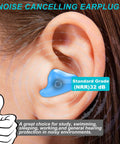 Close-up of ear with blue Custom Moldable Silicone Ear Plugs For Sleep And Travel, Reusable Noise Canceling Putty.