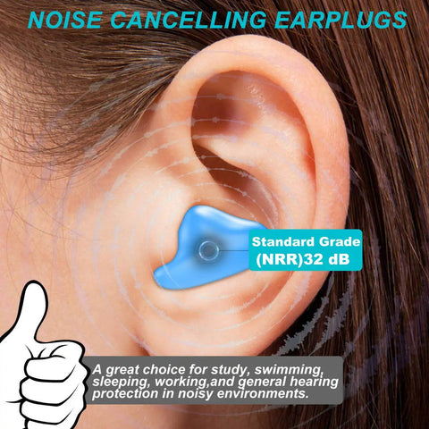 Close-up of ear with blue Custom Moldable Silicone Ear Plugs For Sleep And Travel, Reusable Noise Canceling Putty.