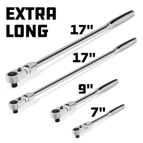 Long Reach Flex Head Ratchet Set With 72-Tooth Drive, 180 Degree Flex Heads, Comfy Grippy Handles, size labels 7 to 17 inch