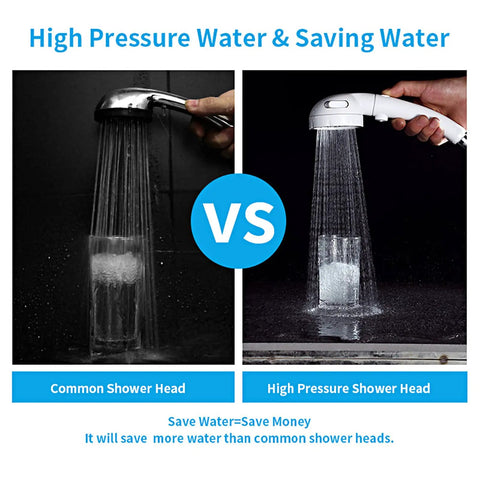 Comparison between common shower head and high pressure handheld shower head with on off pause switch and 3 spray modes for easy rinse