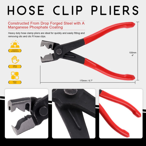 Must Have 121 Piece Spring Band Clips Kit With 12 Sizes From 7mm To 22mm Hose Clamps Pliers showing red-handled pliers