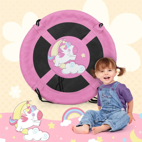 40 Inch Pink Unicorn Saucer Swing for Kids With Adjustable Ropes and 2 Carabiners, shown with a child sitting nearby