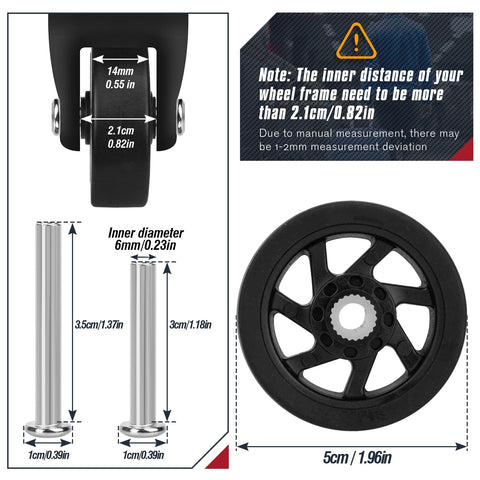 Diagram of 4 Pcs Luggage Wheels Replacement 50x14mm Suitcase Wheels with measurements and installation note