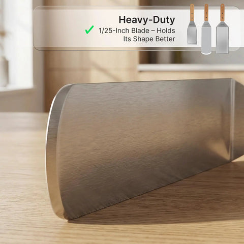 Close-up of heavy-duty stainless steel spatula blade from Stainless Steel Spatula Set 3 Piece For Griddle And BBQ Teppanyaki Spatulas