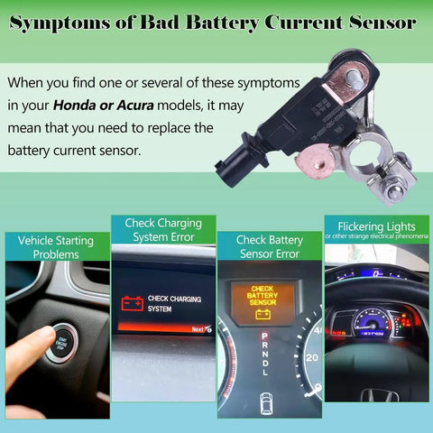 Battery Current Sensor With Real Time Voltage And Temperature Readout For Honda Civic 2012-2015, Honda CR-V 2012-2016, Acura ILX 2013-2022, Acura RDX 2013-2017 - Easy Install, Reliable ECU Data, Precise Battery Monitoring. Symptoms chart with sensor and dashboard warning icons