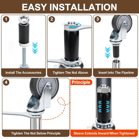 Installation guide for 2 Inch Expanding Stem Caster Wheels Set Of Four Furniture Swivel Rollers With Five Adapter Sleeves.