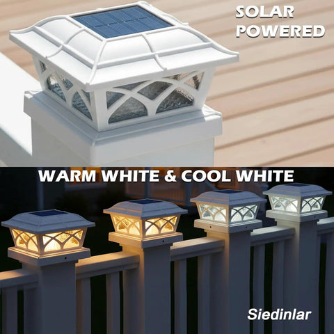 Outdoor Solar Post Cap Lights For 4x4 5x5 6x6 Posts, Glass Lens, 8 LEDs, Two Color Modes Warm White And Cool White on fence