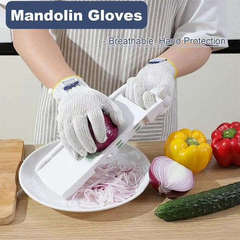 Person wearing Versatile Pro Grade ANSI Level 8 Cut Resistant Gloves With Stainless Steel Thread Reinforced Fibers cutting onion with mandolin.