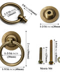 Solid Brass Cabinet Ring Pulls Six Pack Antique Circle Drawer Pulls with measurements and included M4 screws shown