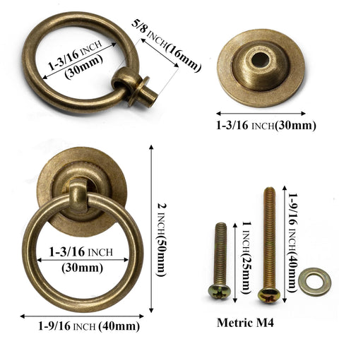 Solid Brass Cabinet Ring Pulls Six Pack Antique Circle Drawer Pulls with measurements and included M4 screws shown