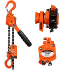 Pro Level Smooth Operator Mini Lever Chain Hoist Half Ton Ratchet Block With 5 Foot G80 Chain in orange, showing hook, handle, and chain.