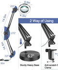 2-In-1 Magnifying Lamp With Light And Clamp Stand, 5X Magnifier showing dimensions and usage with base and clamp options