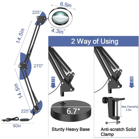 2-In-1 Magnifying Lamp With Light And Clamp Stand, 5X Magnifier showing dimensions and usage with base and clamp options