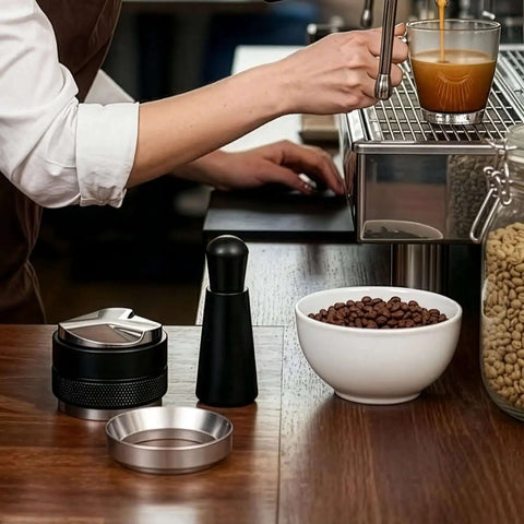 Heavy Duty 51mm Espresso Accessories Kit With Dual Head Coffee Distributor And Tamper WDT Tool And Magnetic Dosing Funnel on table