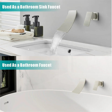 Wall Mount Waterfall Bathroom Faucet With Single Handle In Brushed Nickel, Modern Tub And Sink Lavatory Faucet, Quiet Flow, Easy Switch