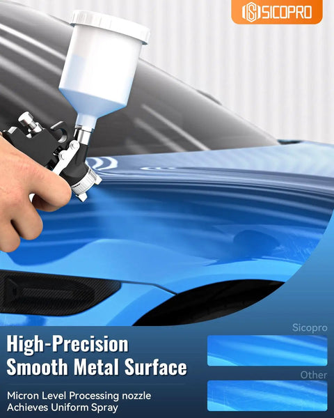 Pro Grade HVLP Paint Sprayer Gun Equipped With Ultra Fine Atomization Nozzles For Effortless House And Automotive Coatings That Delivers Sweet Results Every Single Time in action on car hood.