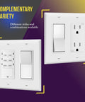 Durable 2-Gang Decorator Wall Plate for Light Switch and Receptacle, White, displayed in complementary styles