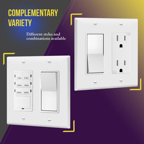 Durable 2-Gang Decorator Wall Plate for Light Switch and Receptacle, White, displayed in complementary styles