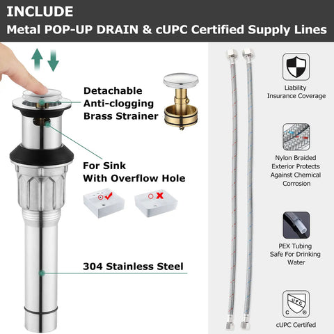 Single Handle Mid Arc Centerset Bathroom Sink Faucet With Chrome Finish Metal Push And Seal Drain cUPC Certified NSF 61 Lead Free 4 Inch Centerset 3 Hole Mount Includes Faucet Supply Lines Easy Temperature Control metal pop-up drain and supply lines