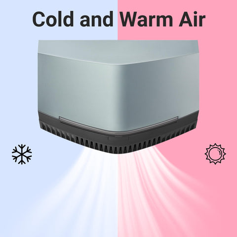 Front view of hand dryer showing cold and warm air function, Lightning Fast Hand Dryer For Home And Commercial Bathrooms, Touchless Operation, Energy Saver Mode, Air Filter, Adjustable Speed And Volume, Portable With Stand Or Wall Mount, UL Certified For Safe, Efficient Drying.