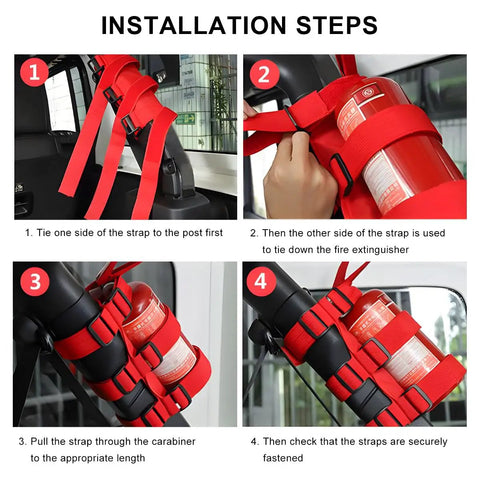 Installation steps for Adjustable Fire Extinguisher Holder Strap With American Flag Pattern for Wrangler JK JKU TJ CJ Gladiator.