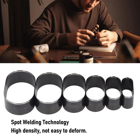 Pro Grade Leather Cutting Dies Set Six Pcs Oval Hole Hollow Punch Cutter Dies shown with craftsman using tools.