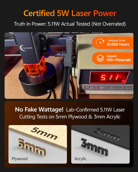 Close-up of a certified 5W laser power engraver performing cutting tests on 5mm plywood and 3mm acrylic with specifications displayed.